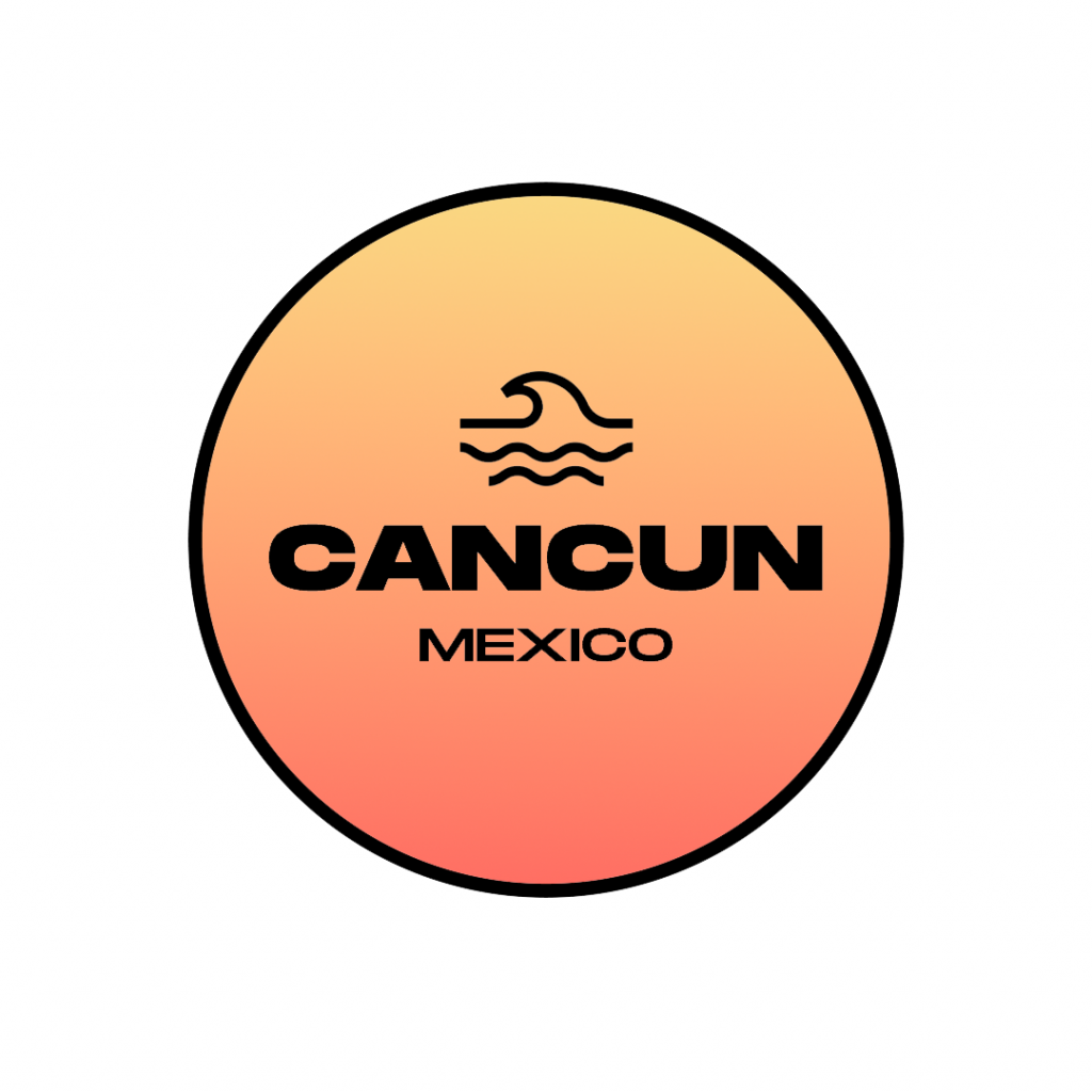 A circular logo with a gradient from yellow to orange and red. It features the text "CANCUN, MEXICO" and an icon of a wave above it.