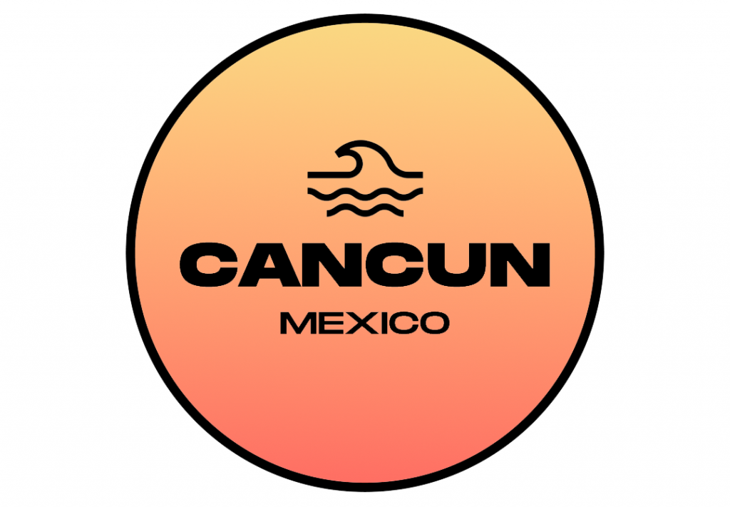 A circular logo with a gradient from yellow to orange and red. It features the text "CANCUN, MEXICO" and an icon of a wave above it.