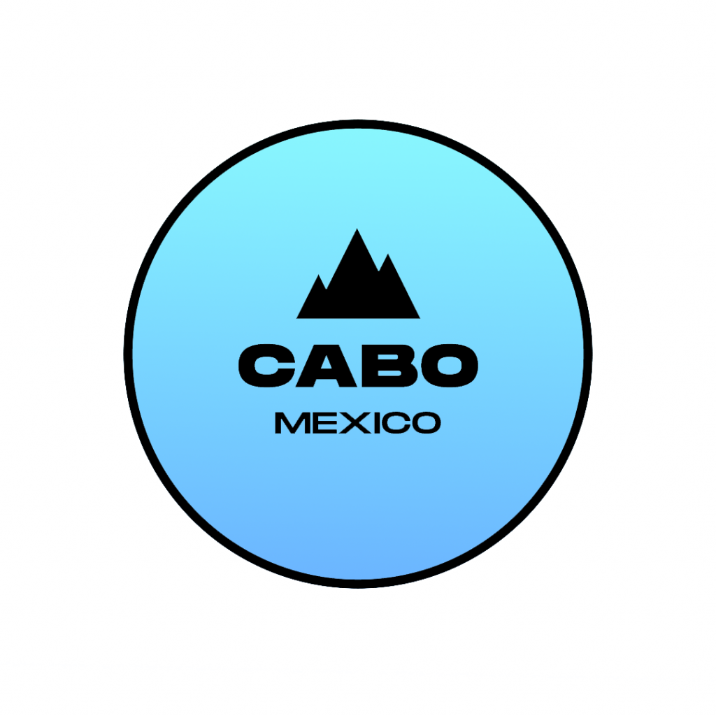 A blue circle with a black mountain graphic, the word "CABO" in bold letters, and "MEXICO" below it.