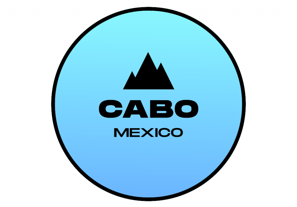 A blue circle with a black mountain graphic, the word "CABO" in bold letters, and "MEXICO" below it.