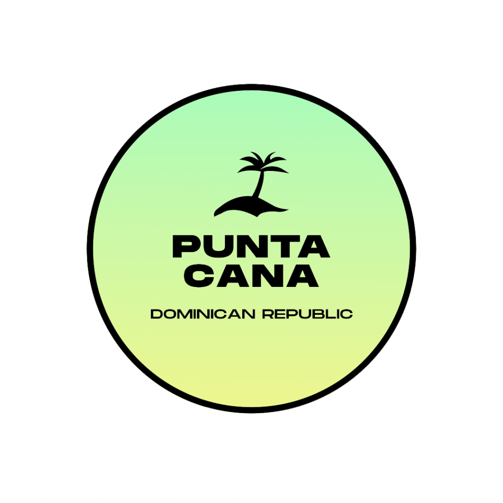 A circular logo with a palm tree silhouette at the top, "PUNTA CANA" in bold text in the center, and "DOMINICAN REPUBLIC" at the bottom. The background gradient transitions from green to yellow.