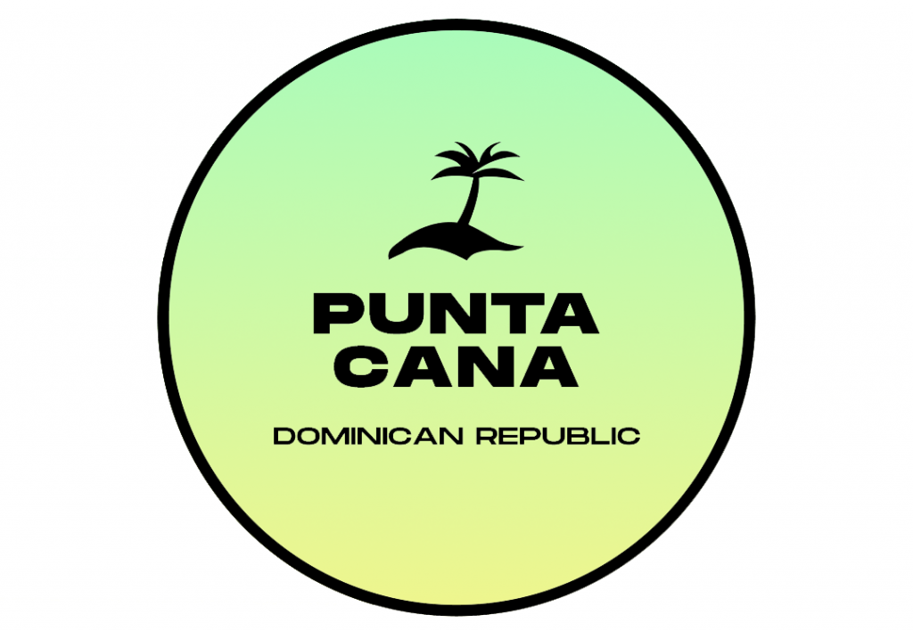 A circular logo with a palm tree silhouette at the top, "PUNTA CANA" in bold text in the center, and "DOMINICAN REPUBLIC" at the bottom. The background gradient transitions from green to yellow.